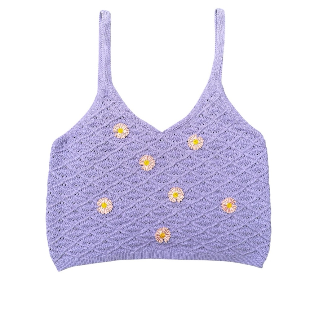 NWOT Sweet Republic Women's Cropped Purple Knit Tank Top Floral Accents XL